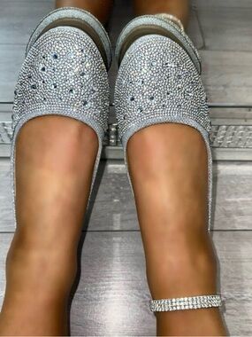 Sparkling Silver Rhinestone Ankle-Strap Flats
